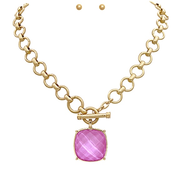 Square Stone Pendant Necklace Set - Picture 2 of 9